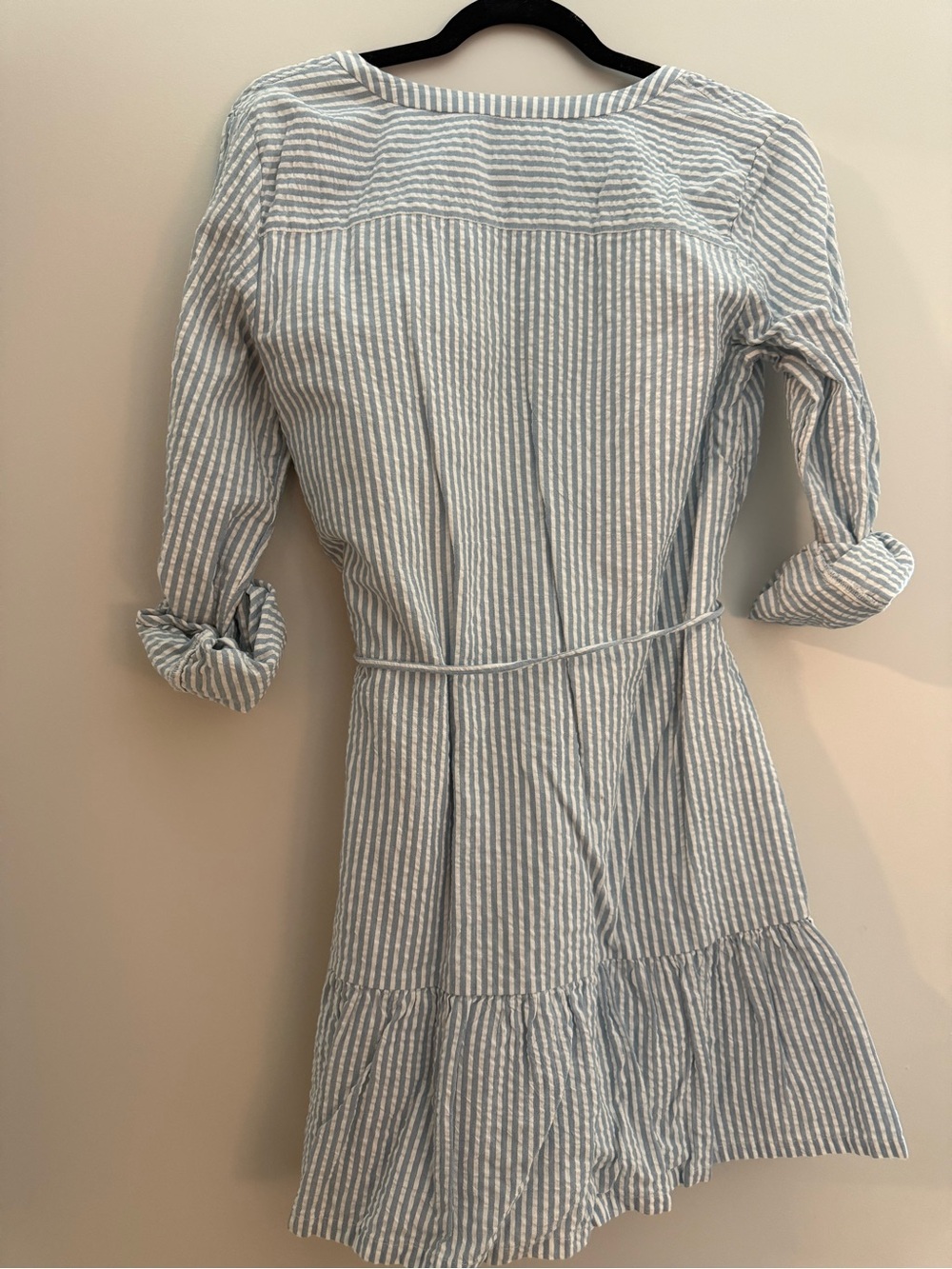 LOFT Light Blue & White Striped Tie-Waist Midi Shirt Dress - Picture 3 of 3